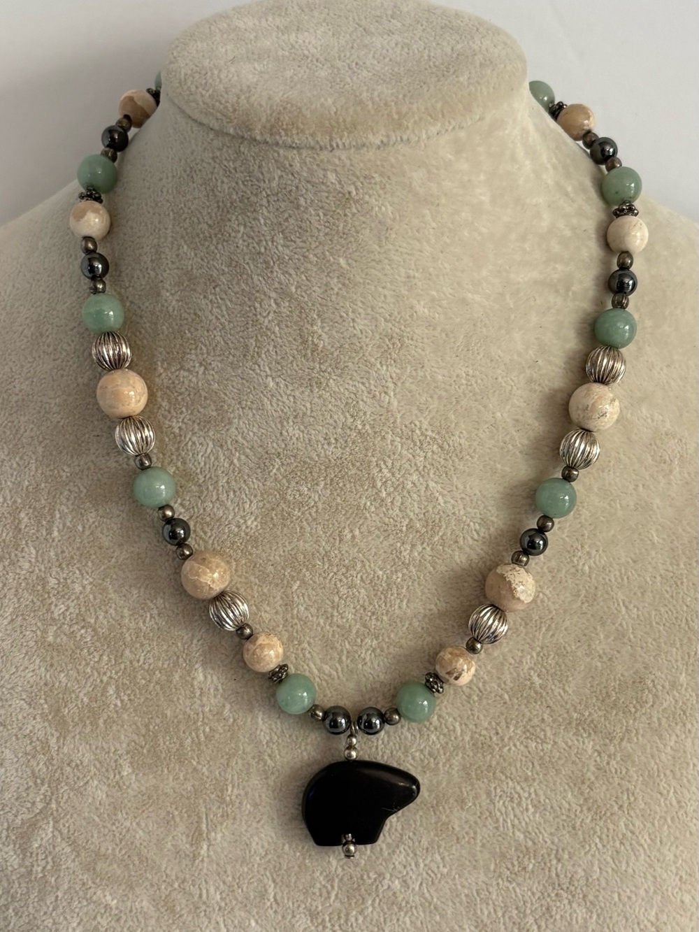 Natural Stone Beaded Necklace Teal Mint Pendant Boho Artisan Jewelry